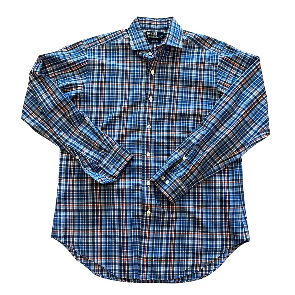 Polo Ralph‎ Lauren Estate Classic Fit Plaid Shirt Mens 15.5 M Blue Orange Cotton